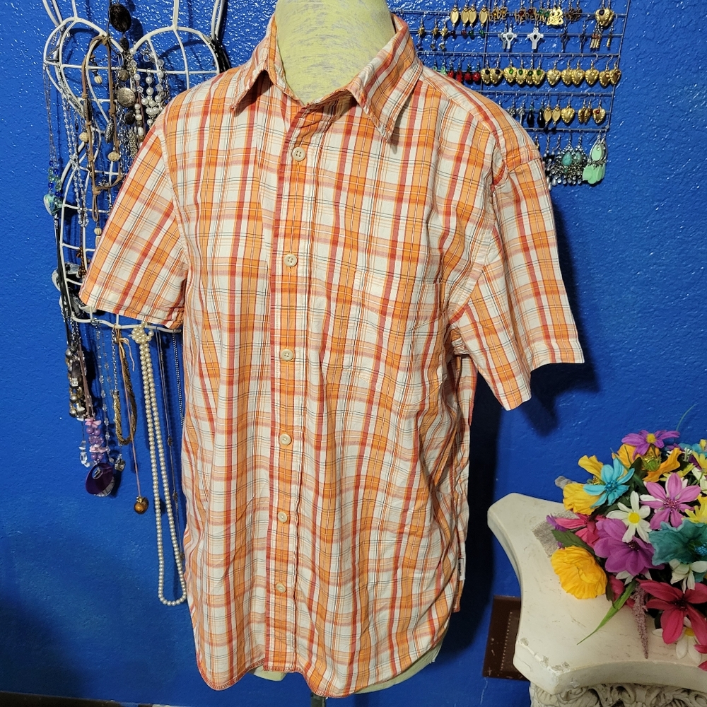 Orange Plaid,  men's,  short-sleeved button up, Urban Up Pipeline, Med